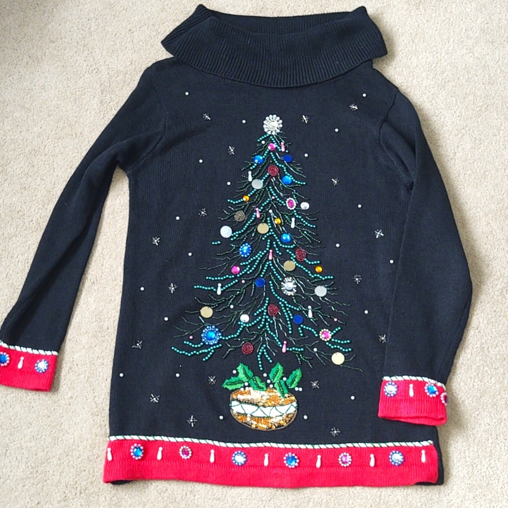 Vintage sparkly black Christmas sweater cowl neck tunic length